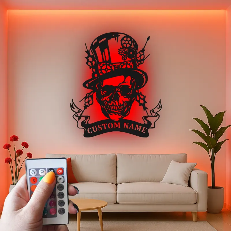 Insegna in metallo LED Teschio Steampunk | Insegna con Nome Personalizzato per Man Cave | Decorazione per Stanza di Gioco Gotica con Cappello a Cilindro e Ingranaggi