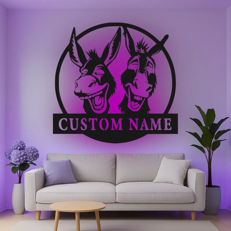 Insegna in metallo LED Donkey Duo personalizzata regalo per amanti degli animali decorazione rustica