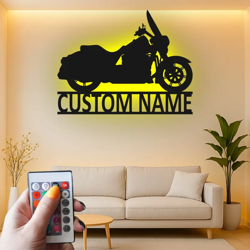 Custom Motorcycle Led Light Metal Wall Art Personalized Biker Gift for Him Garage or Man Cave Decor