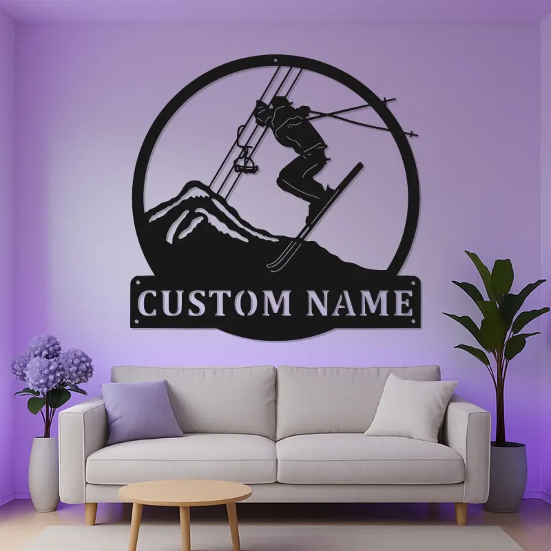 Custom Alpine Skier Metal Wall Art | LED Mountain Cabin Decor | Personalized Ski Lover Gift | Illuminated Silhouette Sign