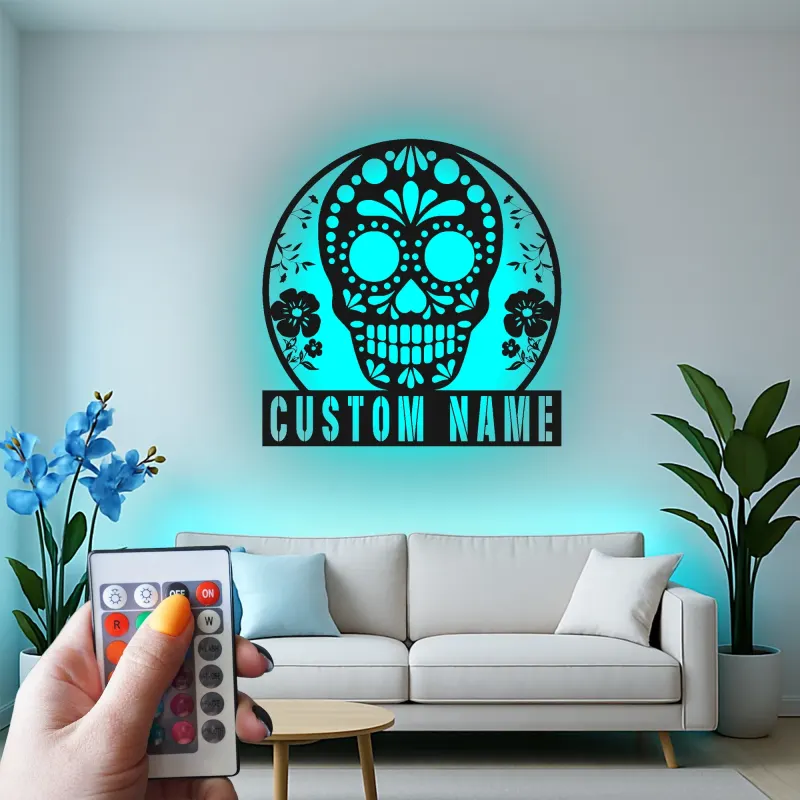 Personalized Sugar Skull Metal Sign | Custom Calavera LED Wall Art | Day of the Dead Decor | Gothic Floral Home Gift