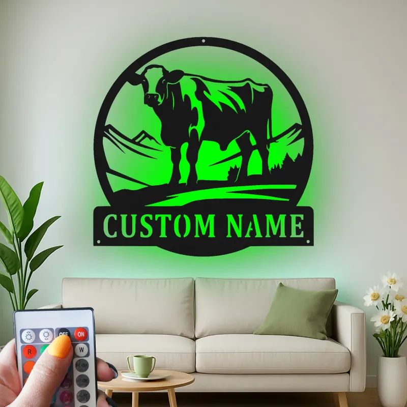 Décoration murale en métal LED personnalisée de vache - Cadeau de ferme pour éleveurs - Décor rustique pour le salon
