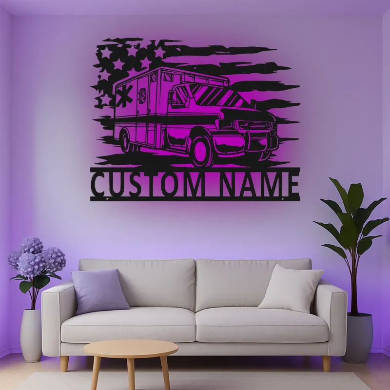 Décoration murale en métal personnalisée avec éclairage LED Ambulance - Cadeau personnalisé pour les EMTs et décoration de bureau des services d'urgence
