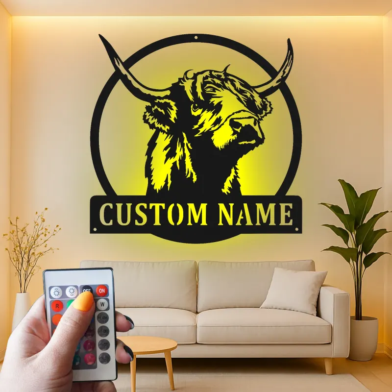 Highland Cow LED Metal Sign | Custom Name Wall Art | Rustic Farmhouse Decor for Rancher & Home Bar
