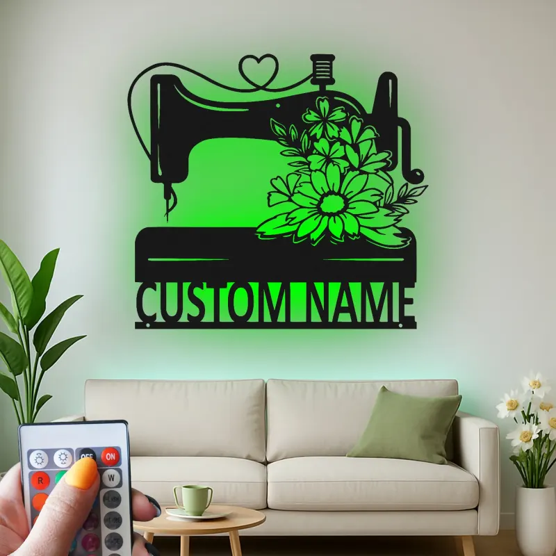 Custom Sewing Machine Sign | Personalized LED Metal Wall Art | Seamstress Gift & Craft Room Decor