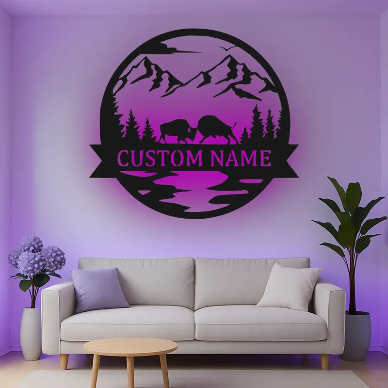 Cartel de metal personalizado con escena de montaña y bisonte iluminado LED, regalo para amantes de la naturaleza, decoración para cabañas o lodges
