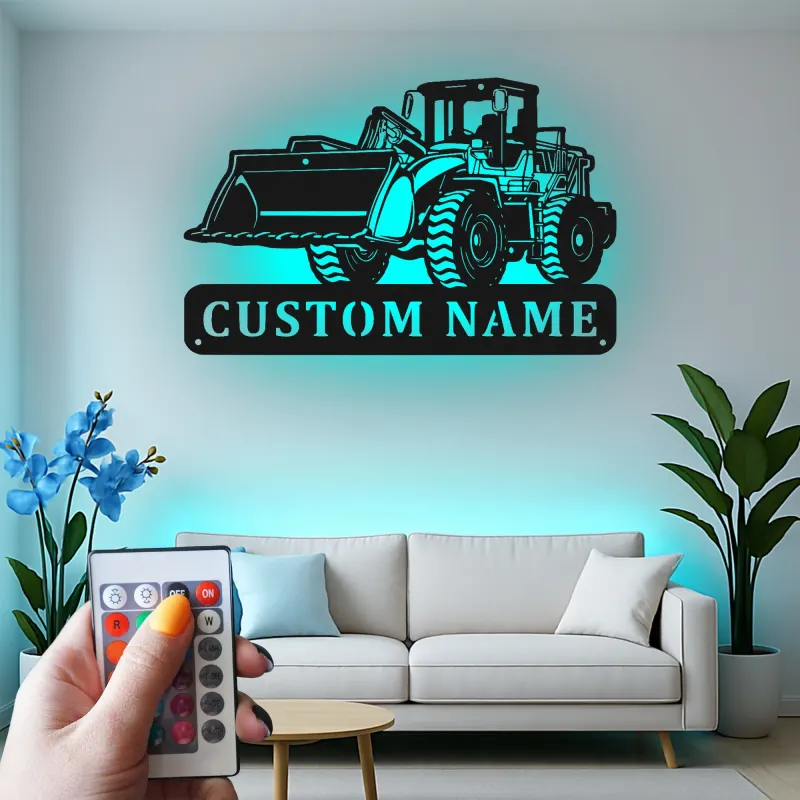 Décoration murale en métal personnalisée avec bulldozer rétroéclairé - Cadeau personnalisé pour passionné de construction - Décor de garage ou de bureau