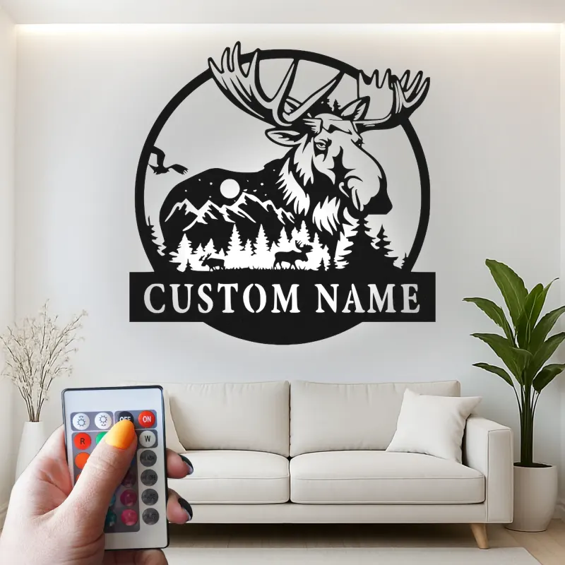 Custom Moose Metal Sign with LED | Personalized Wildlife Wall Art for Cabin Decor | Rustic Lodge & Hunter Gift