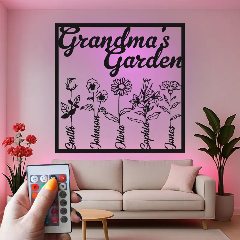 Personalisiertes Omas Garten Schild | Individuelle Metall-Wandkunst mit LED-Lichtern | Familienname-Dekoration | Geschenk für Oma
