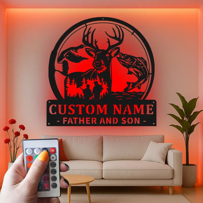 Insegna Personalizzata per Cacciatore e Pescatore | Arte in Metallo LED per Papà | Decorazione per Fauna Selvatica Personalizzata per Padre e Figlio | Regalo per Cabina e Man Cave