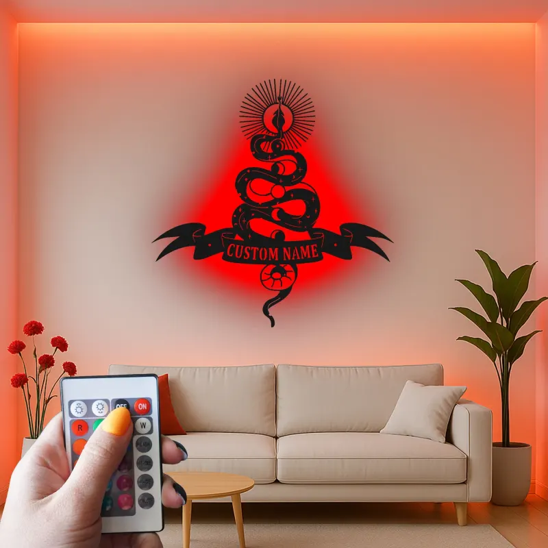 Insegna LED con serpente mistico | Arte in metallo personalizzata | Decorazione celestiale per saloni e studi | Targa gotica personalizzata