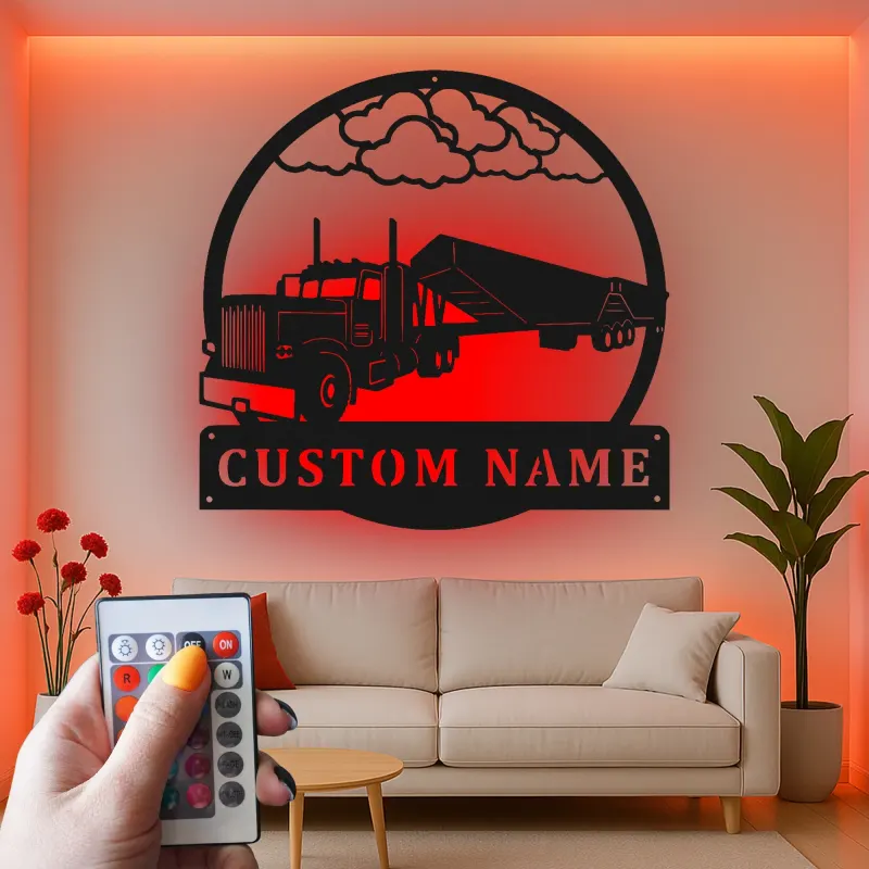 Insegna in Metallo per Camion Semi Personalizzata | Arte Murale LED per Garage o Man Cave | Regalo Personalizzato per Camionisti | Decorazione Silhouette Hauler