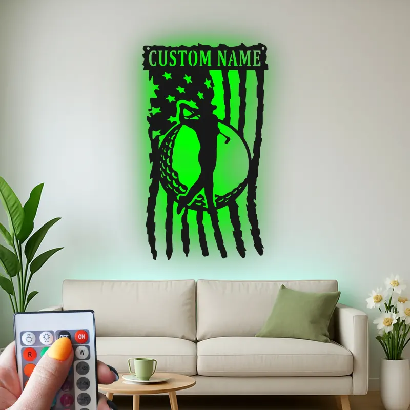 Insegna da golf su misura con LED | Arte murale in metallo con nome del golfista | Decorazione man cave con bandiera americana