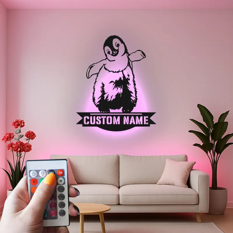 Cartel de metal LED personalizado de pingüino regalo para decoración de guardería de animales para niños