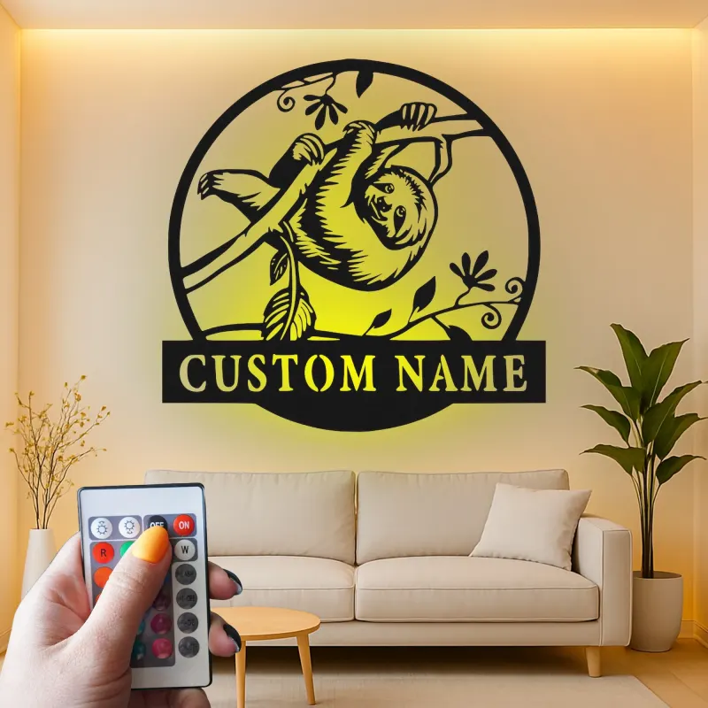 Personalized Sloth LED Sign | Custom Metal Name Wall Art for Nursery | Jungle Animal Decor | Kid's Room Light Gift