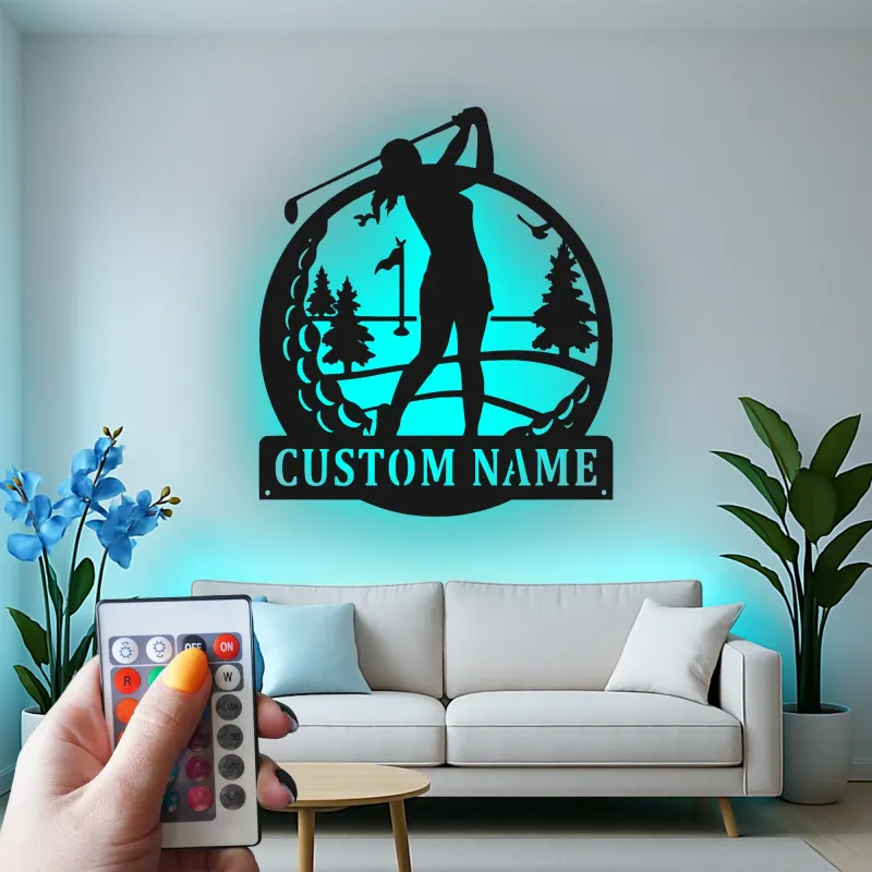 Personalisierte Golf-Schild mit LED-Beleuchtung | Metall-Wandkunst für das Spielzimmer | Golfer Geschenk für Ihn oder Sie