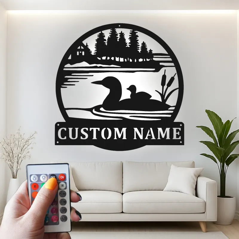 Cartel de metal personalizado Ganso | Decoración de casa de lago retroiluminada LED | Arte mural rústico de cabaña | Regalo personalizado para amantes de la naturaleza
