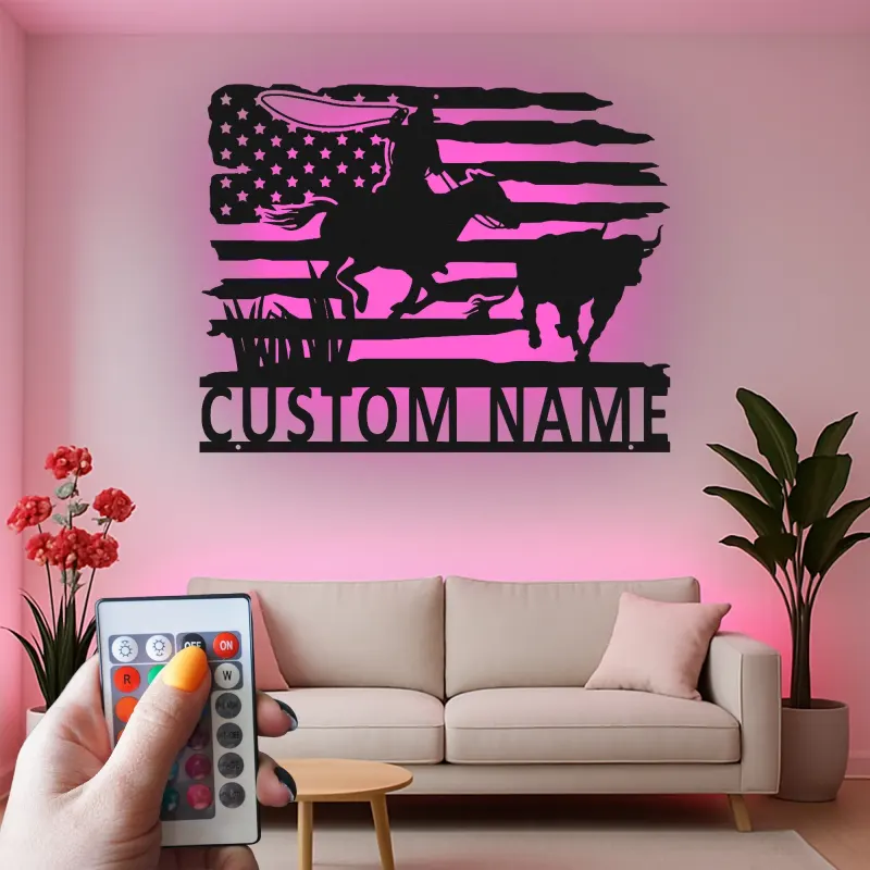 Cartel de metal personalizado con luz LED de vaquero rodeo, regalo western para él, decoración rústica de rancho