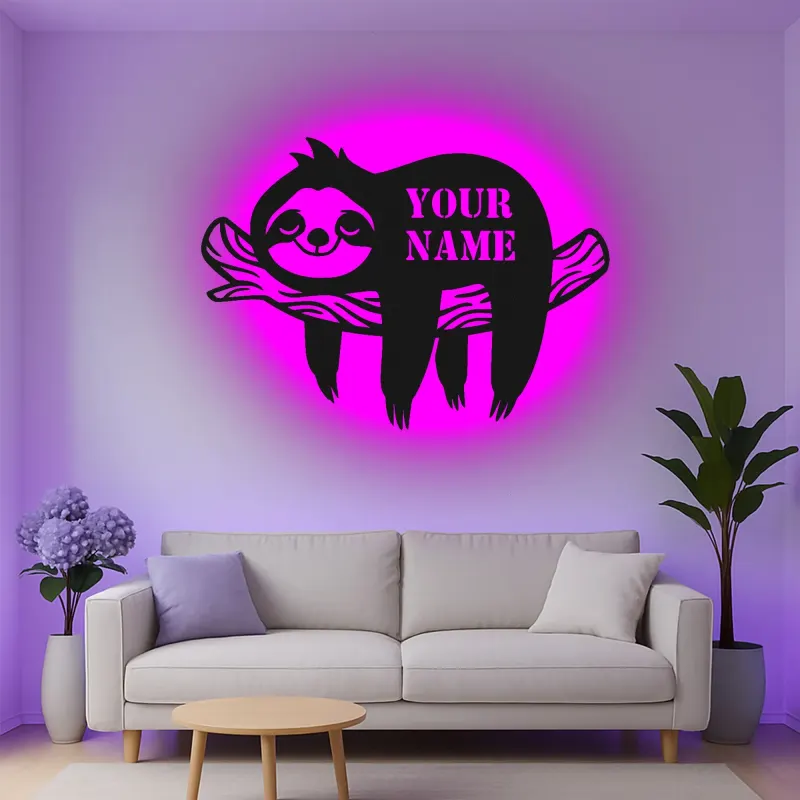Insegna in metallo personalizzata con bradipo e luce LED - Regalo personalizzato per amanti degli animali, decorazione per nursery o camera dei bambini