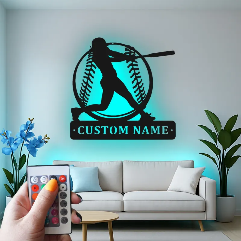 Insegna in metallo personalizzata con luce LED per giocatore di baseball - Regalo personalizzato per appassionati di sport e decorazione per sala giochi o camera da letto