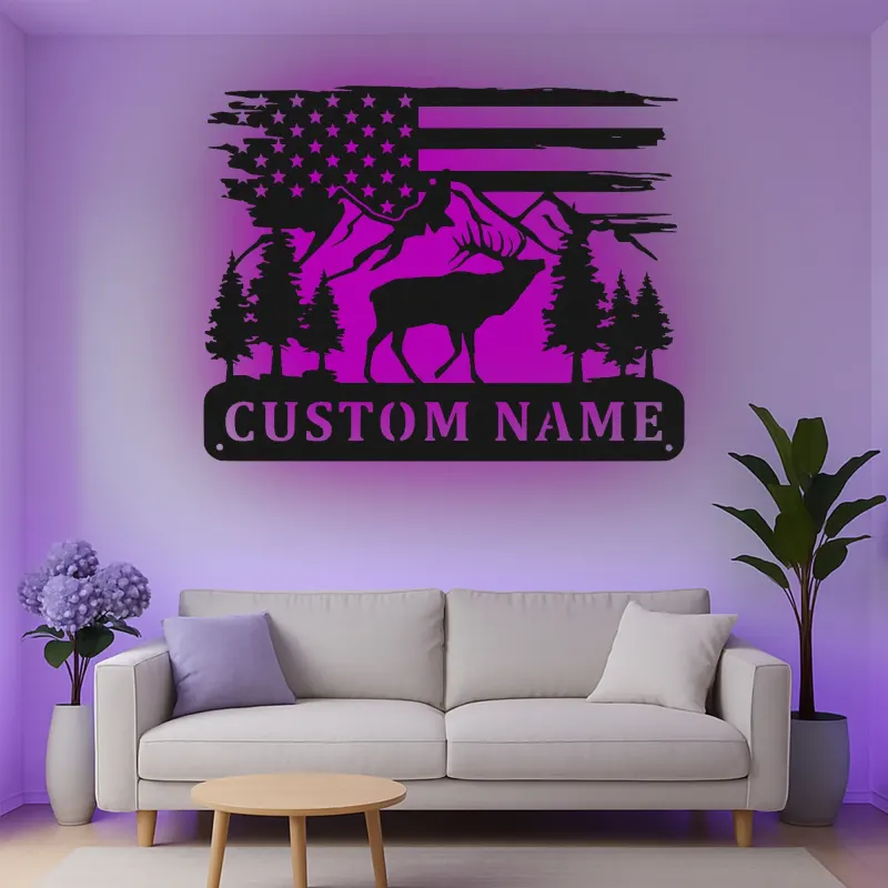 Cartel de metal LED personalizado de ciervo y montaña, regalo para entusiastas del aire libre, decoración de cabaña rústica