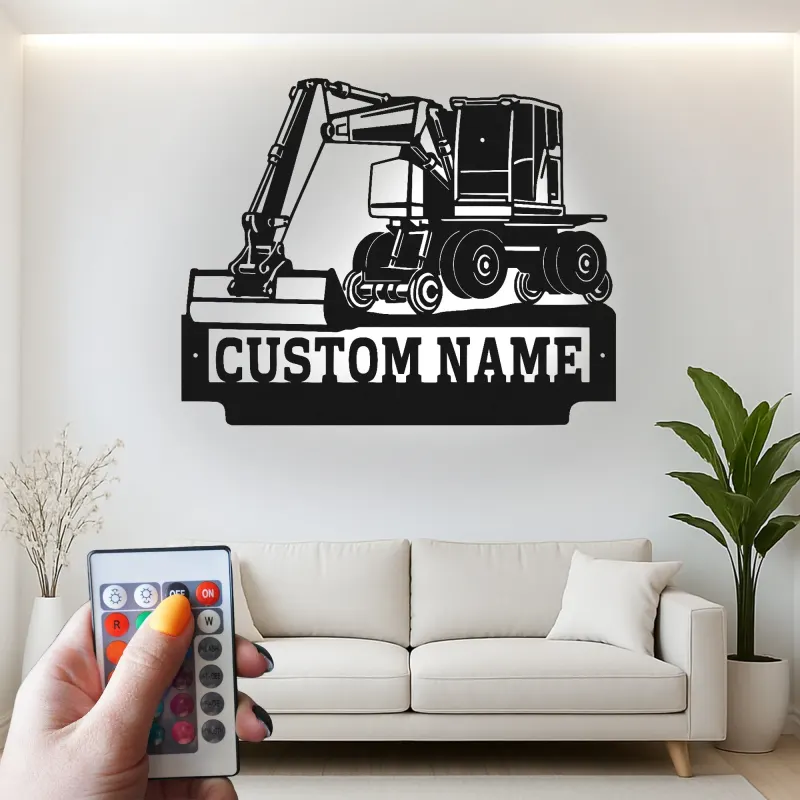 Personalisierte LED-Metall-Wandkunst mit Bagger-Motiv – Geschenk für Bauprofis, Garage oder Werkstatt 3