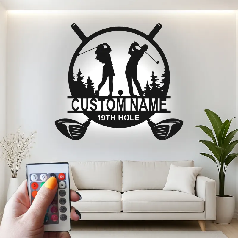 Enseigne de golf personnalisée avec LED | Décoration murale en métal sur mesure pour man cave | Cadeau pour couple golfeur 19e trou