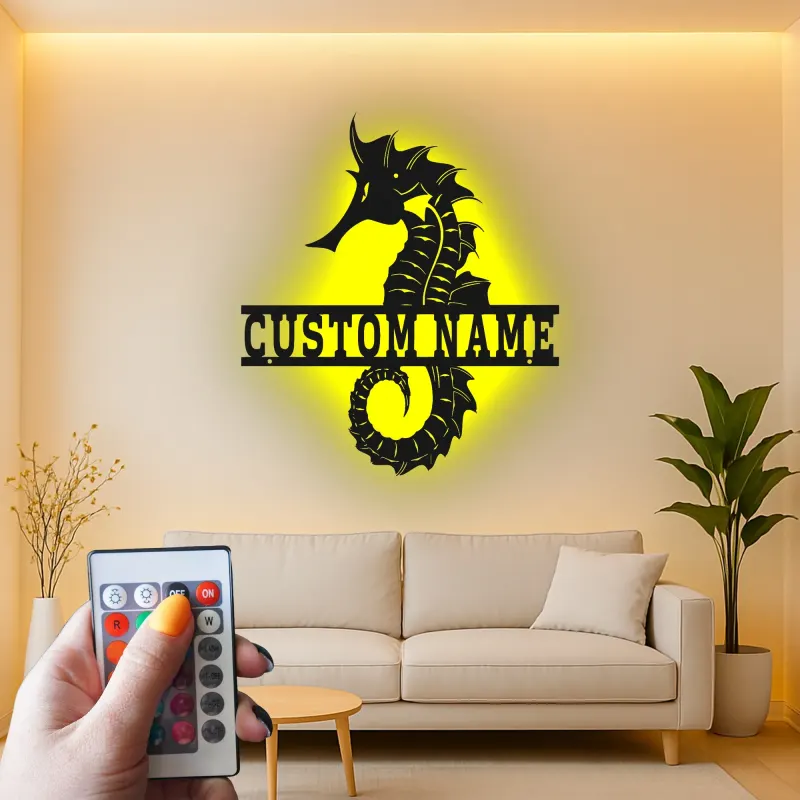 Cartel de metal personalizado de caballito de mar | Arte mural de luz LED personalizada | Decoración náutica para casa de playa | Regalo para hogar costero