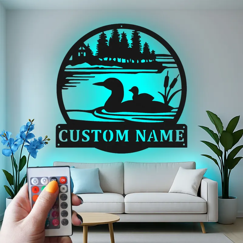 Cartel de metal personalizado Ganso | Decoración de casa de lago retroiluminada LED | Arte mural rústico de cabaña | Regalo personalizado para amantes de la naturaleza