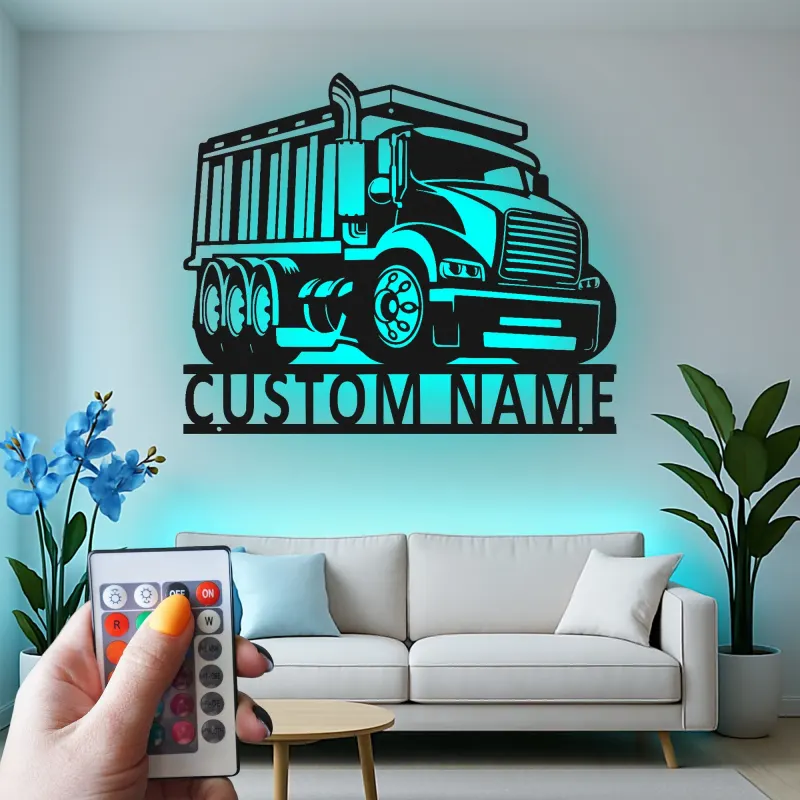 Insegna in metallo LED personalizzata a forma di camion ribaltabile - Regalo per appassionati di camion, decorazione per garage o man cave