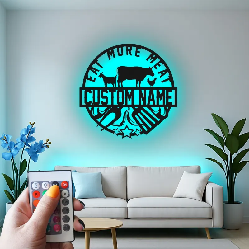 Custom Eat More Meat Led Light Metal Wall Art BBQ Lover Gift Outdoor Kitchen or Grill Area Decor