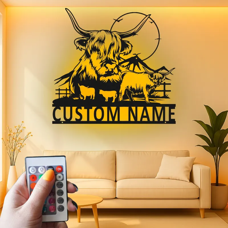 Arte mural de metal LED de vaca Highland | Cartel personalizado para rancho | Decoración rústica personalizada para amantes del ganado | Placa familiar rústica