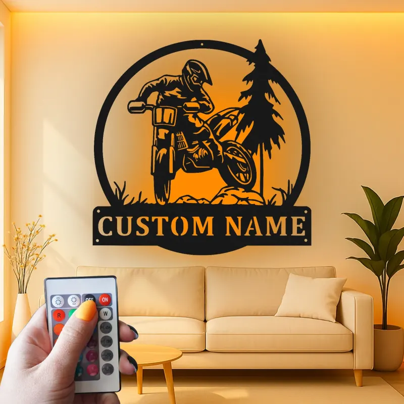 Décoration murale en métal personnalisée pour motocross avec rétroéclairage LED - Cadeau pour lui, décoration de garage ou de man cave 1