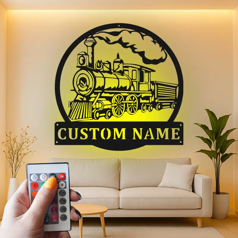 Décoration murale en métal personnalisée de train à vapeur avec rétroéclairage LED - Cadeau pour passionnés de trains, décoration pour man cave ou bureau