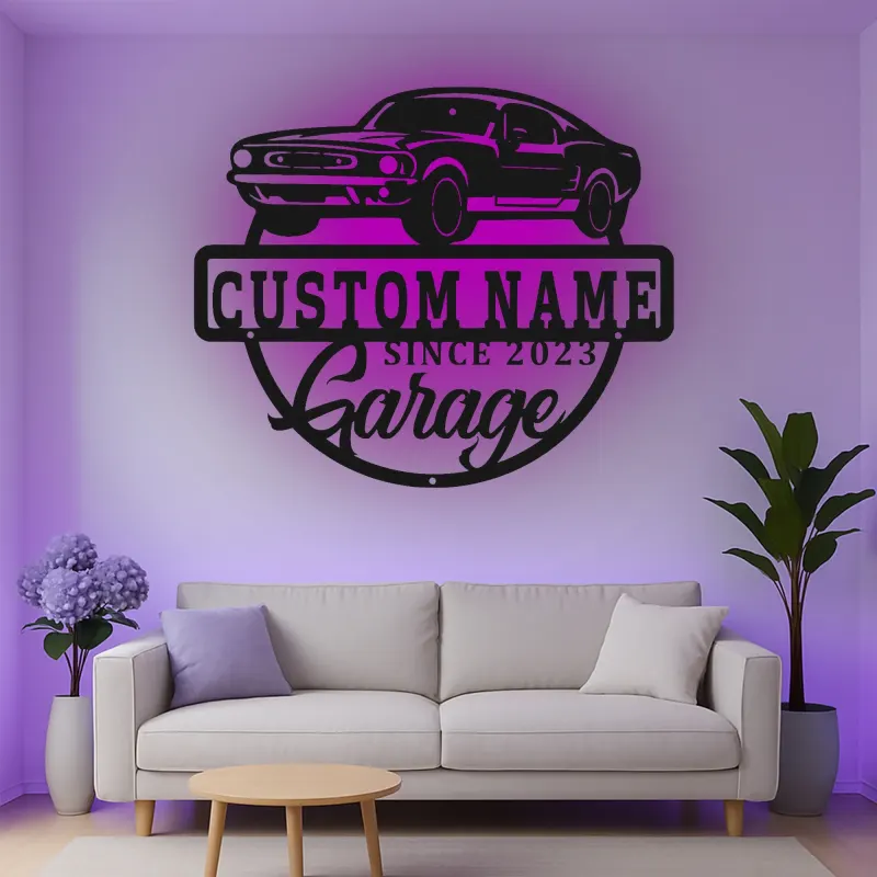 Décoration murale en métal LED personnalisée pour voiture de muscle - Cadeau de garage pour passionnés de voitures