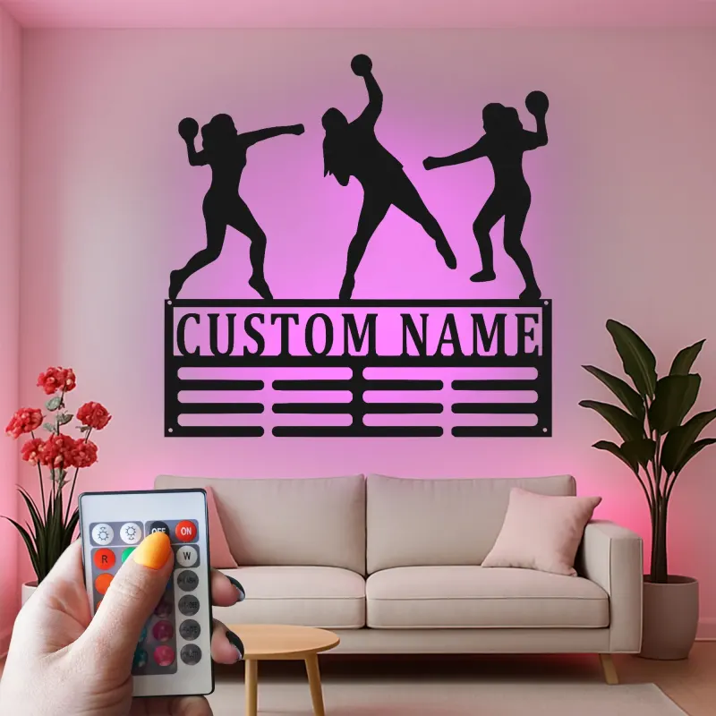 Insegna LED personalizzata con giocatrice di pallamano | Decorazione murale in metallo personalizzata | Regalo per squadra sportiva | Arredo palestra per atleta