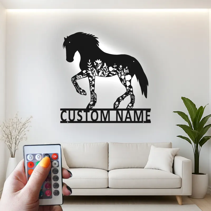 Individuelle Pferde LED Metall-Wandkunst | Personalisierte Reiterschild mit Blumen | Stall- & Ranch-Dekor Geschenk