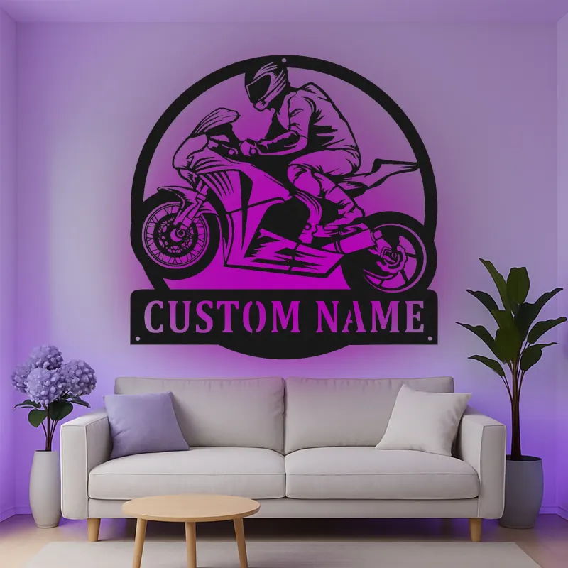 Décoration murale en métal LED personnalisée pour coureur de moto - Cadeau pour motards, décoration de garage ou de man cave