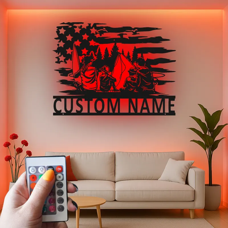 Custom Family Fishing LED Sign | American Flag Metal Wall Art | Personalized Cabin Decor | Outdoor Lover Gift