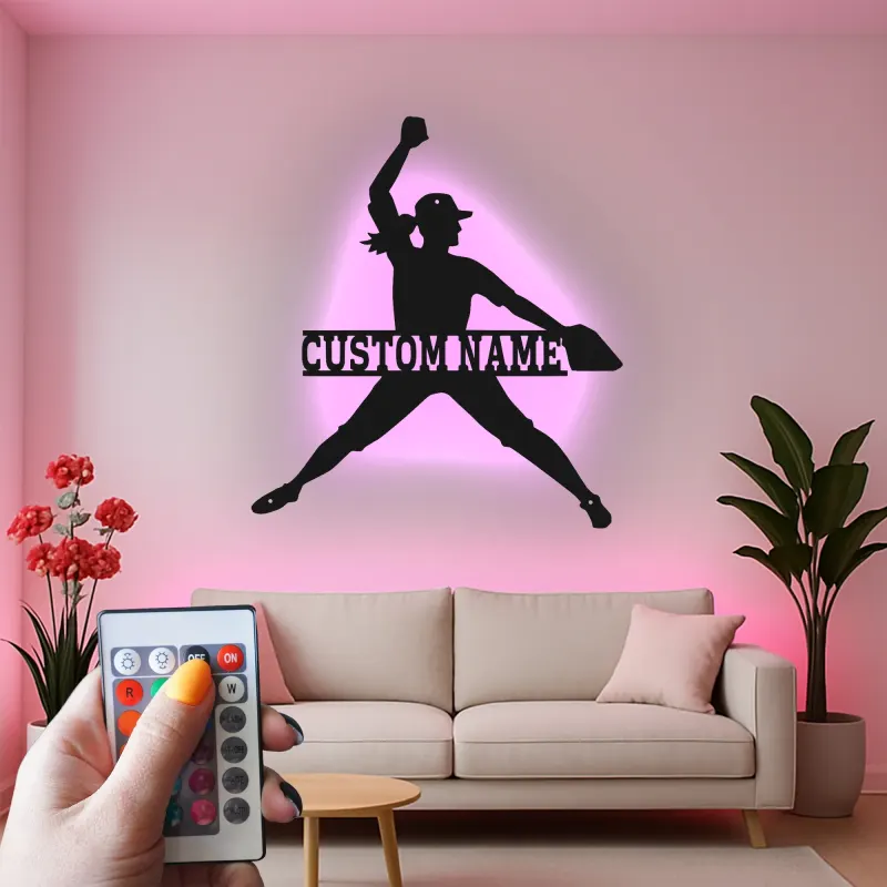 Cartel de metal personalizado con luz LED de lanzadora de softbol, regalo personalizado para atletas, decoración para sala de deportes