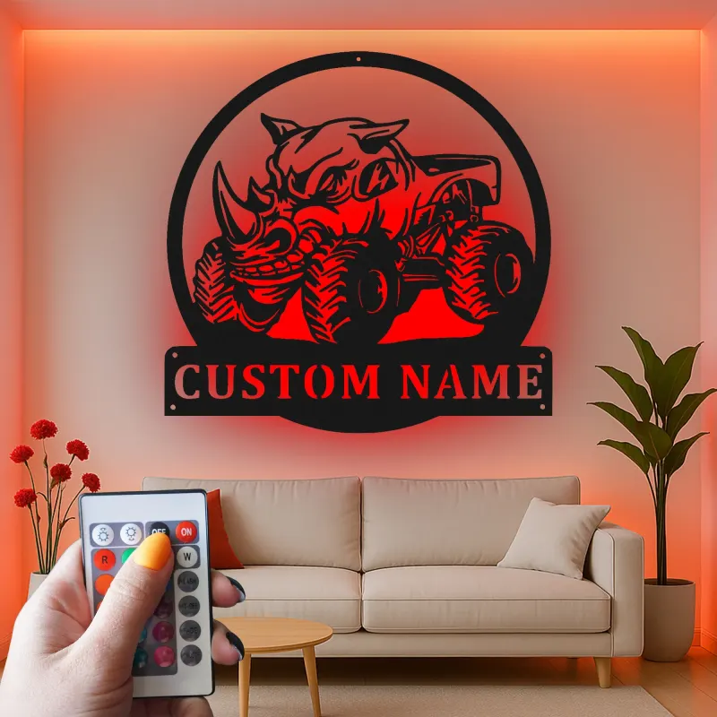 Personalized Monster Truck LED Sign | Custom Rhino Metal Wall Art | Boys Room & Man Cave Decor | Off-Road Name Plaque