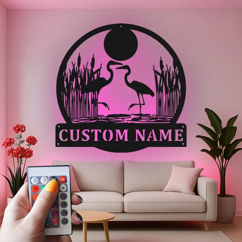 Arte murale in metallo con Airone e luci LED | Insegna personalizzata con nome per casa al lago | Regalo personalizzato per amanti degli uccelli | Decorazione di fauna selvatica per patio