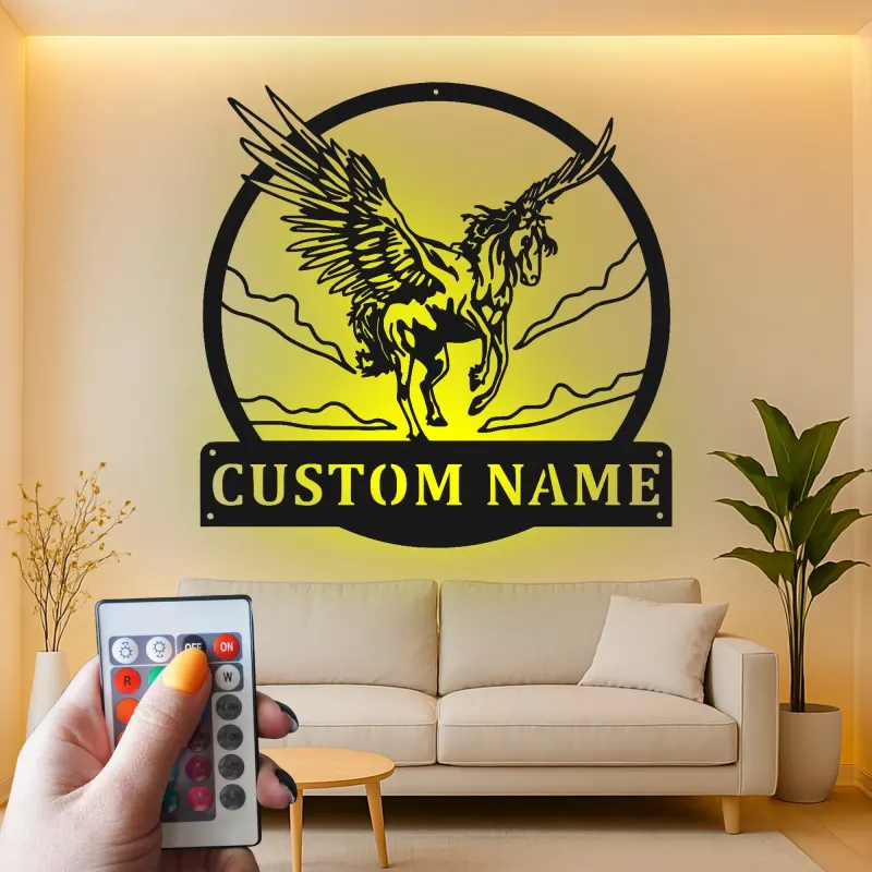 Pegasus LED Metal Wall Art | Custom Name Sign for Nursery & Bedroom | Personalized Flying Horse Fantasy Decor Gift