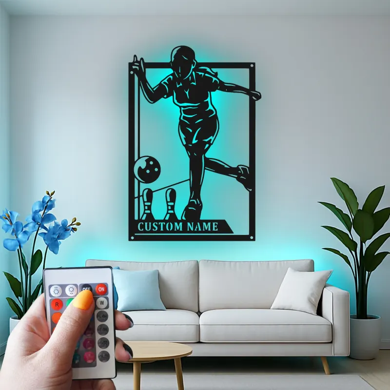 Custom Bowling Player Led Light Metal Wall Art Personalized Gift for Bowlers Game Room Sports Decor