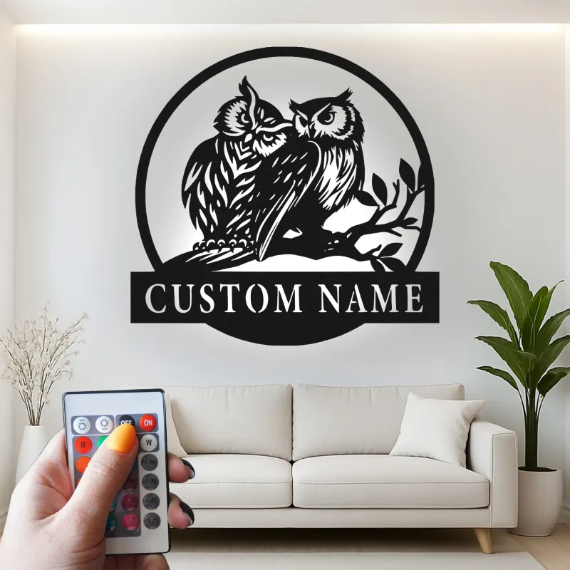 Insegna LED Personalizzata con Gufo | Arte in Metallo del Gufo Cornuto | Regalo per Amanti della Natura per Cabin o Decorazione per Casa