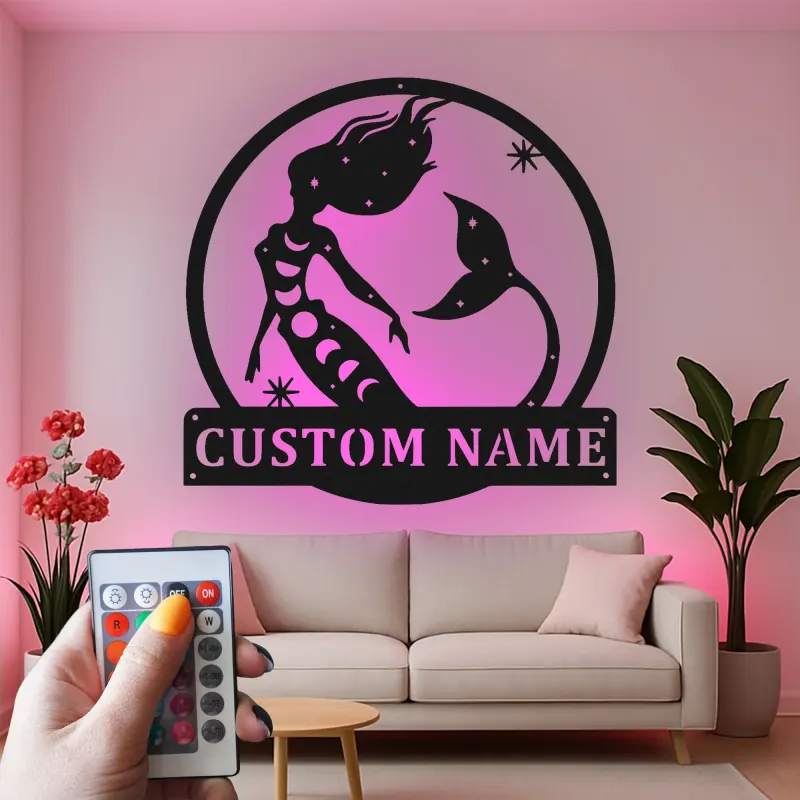 Arte mural de sirena personalizada | Letrero LED de metal a medida para habitación de niña | Decoración náutica mística con nombre