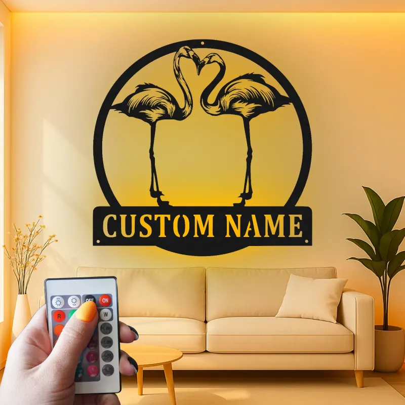 Panneau en métal Flamant Rose personnalisé | Art mural de nom sur mesure | Décor de patio et de piscine tropical | Art d'oiseau extérieur