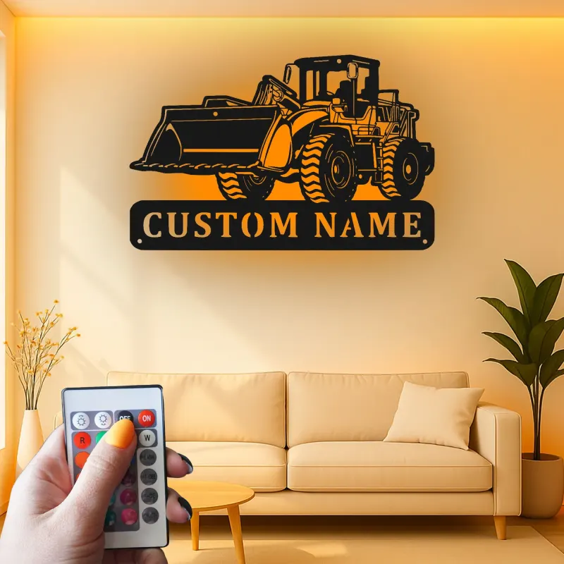 Décoration murale en métal personnalisée avec bulldozer rétroéclairé - Cadeau personnalisé pour passionné de construction - Décor de garage ou de bureau