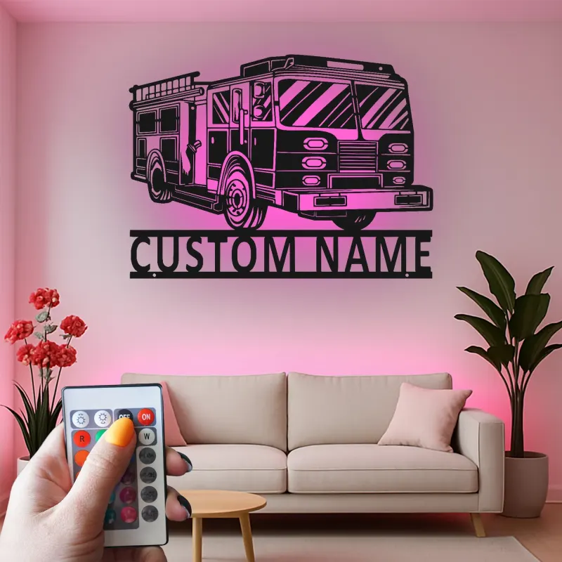 Cartel de metal de camión de bomberos personalizado | Arte mural LED personalizado para regalo de bombero | Decoración de estación de bomberos y man cave