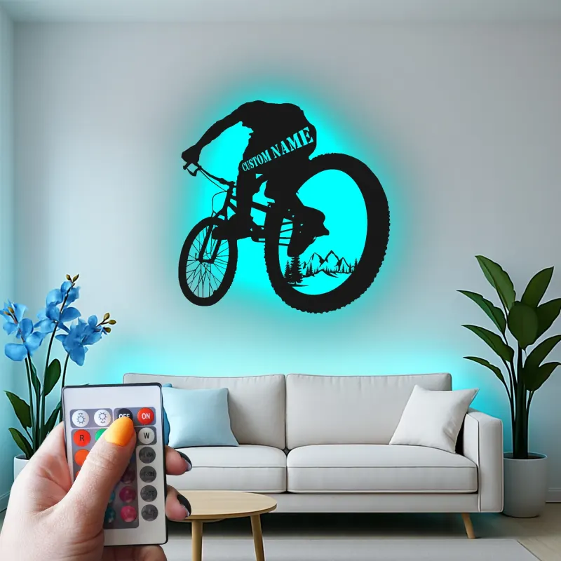 Insegna in Metallo per Mountain Biker Personalizzata | Arte da Parete LED per Ciclisti | Regalo per MTB e Decorazione Garage